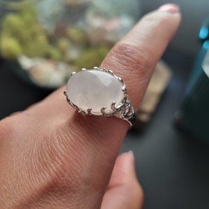 Art Deco Rose Quartz and CZ Silver Ring, Size 7